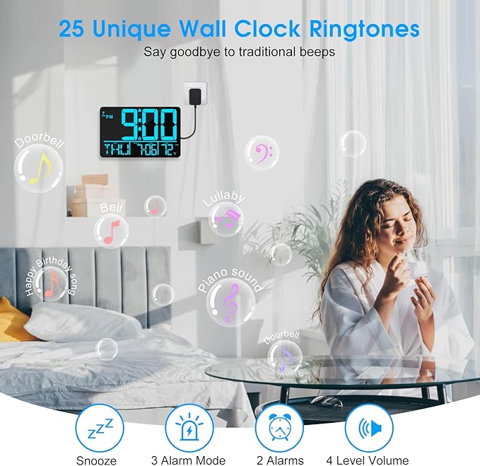 13" Bluetooth Auto Sync Wall Clock - Large Digital Alarm Clock with Remote, 25 Ringtones, Dual Alarm, Adjustable Brightness, 12/24H, Auto DST, for Living Room, Kitchen, Office, Elderly（Blue）