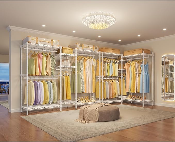 VIPEK L6 Heavy Duty Clothes Rack L Shape Clothing Rack 5-Tier Wire Garment Rack Freestanding Closet with 7 Adjustable Shelves & 4 Hanging Rods, 42" L x 42" W x 76.4" H, Max Load 850LBS, White