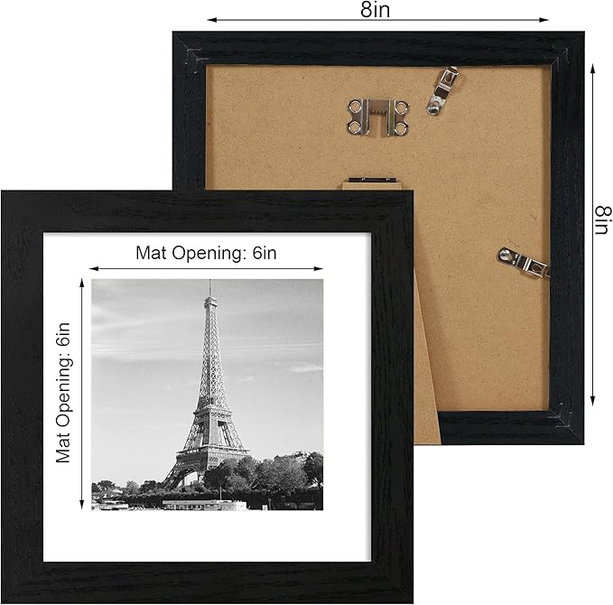 8x8 Picture Frames Set of 4 with High Definition Real Glass, Black Frames Display 6x6 Picture with Mat or 8x8 Without Mat, Wood Square 8 x 8 Photo Frame for Wall Mount and Tabletop Display