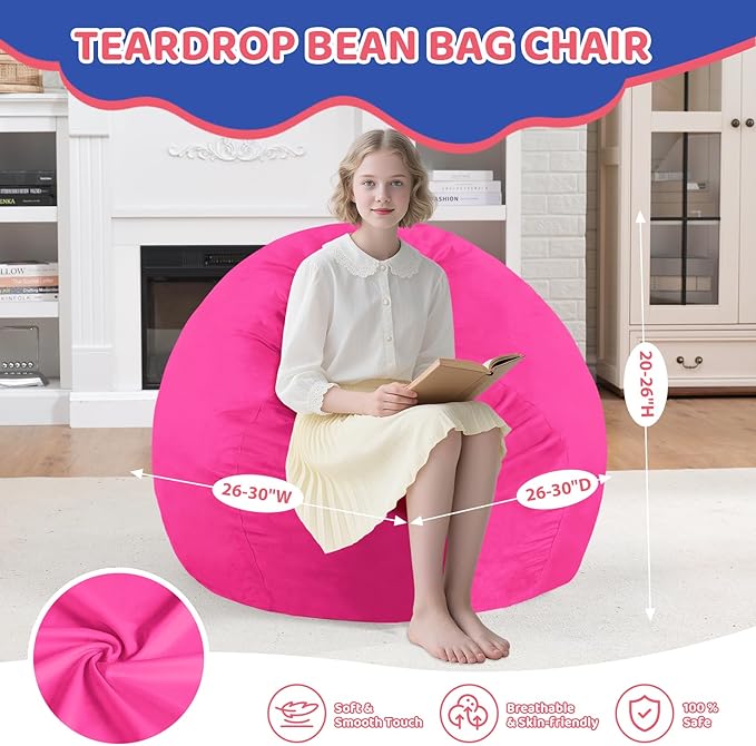 2FT Bean Bag Chair, Comfy Bean Bag Chairs with Memory Foam Filled, Fluffy Beanbag Sofa with Dutch Velvet Cover, Teardrop BeanBag Chairs for Living Room, Playroom - Pink