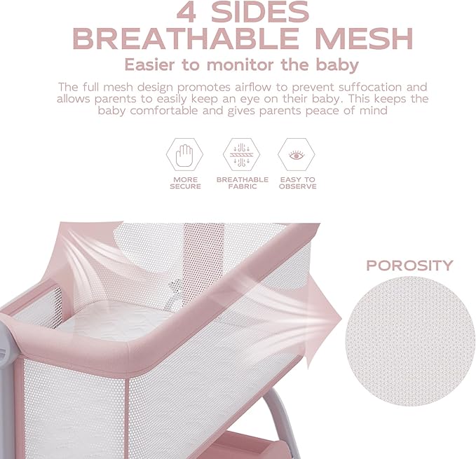 BabyBond Baby Bassinet, 3 in 1 Bassinet Bedside Sleeper with Washable Soft Mattress and Sheet, 6 Height Adjustable Bedside Crib, 4-Sided Mesh Bedside Bassinet for Baby