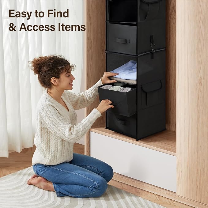 Pipishell 6-Shelf Hanging Closet Organizer, Hanging Shelves with 2 Separable 3-Tier Shelves, Closet Shelves Organizer with 3 Removable Drawers for Wardrobe, Nursery, Baby Clothes Organizer, Black