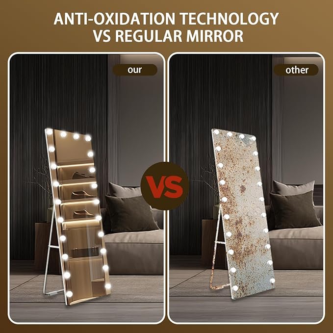 66x22 Hollywood Full Length Mirror with Light, 22 Dimmable Bulbs & 3 Color Smart Touch Control, Distortion Free, Tempered Glass & Shatter Proof Film, Safe Full Body Mirrors with Stand