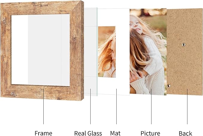 6x6 Picture Frame Set of 4 with Real Glass, Rustic Brown Frames Display 4x4 Picture with Mat or 6 x 6 Without Mat, Square Photo Frame for Wall Mount and Tabletop Display