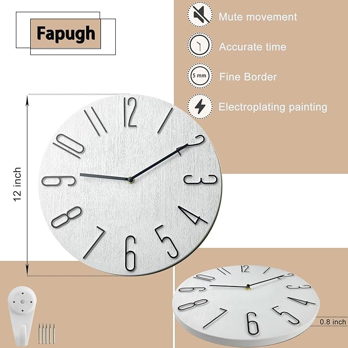 12 Inch Wall Clock Silent Non Ticking, Preciser Modern Style Decor Clock for Home, Office, School, Kitchen, Bedroom, Living Room, Wall Clock Without Second Hand
