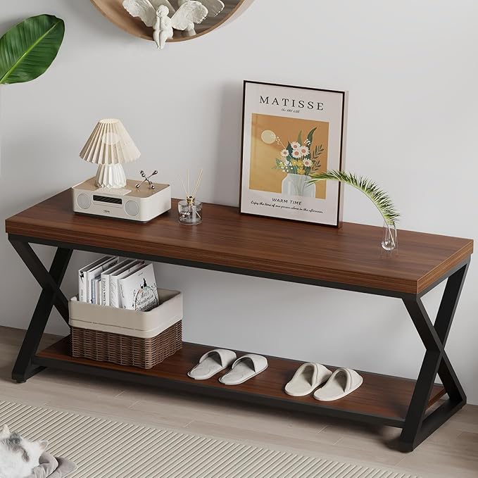 IBF Wood Entryway Bench Indoor, Industrial Wooden Metal Entry Shoe Storage Bench in Bedroom, Farmhouse Hallway Shoe Rack Bench Seating for Foyer Living Dining Room End of Bed, Walnut, 47 Inch
