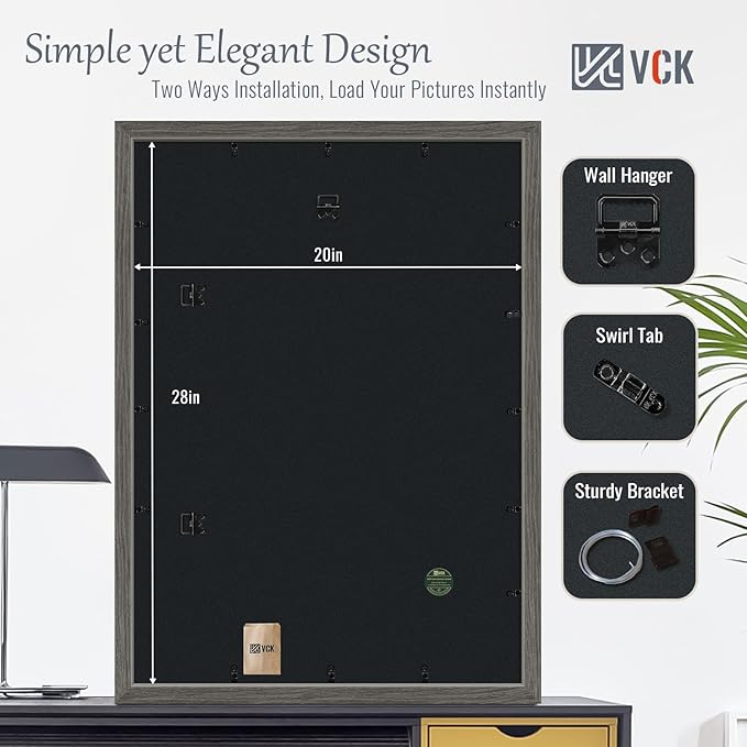 VCK 20x28 Picture Frame Set of 4 - Grey, Gallery-Quality Wood Poster Frames, 1.1-Inch Wide Border, Polished Plexiglass, Vertical or Horizontal Wall Display for Photo/Art/Prints, Grey