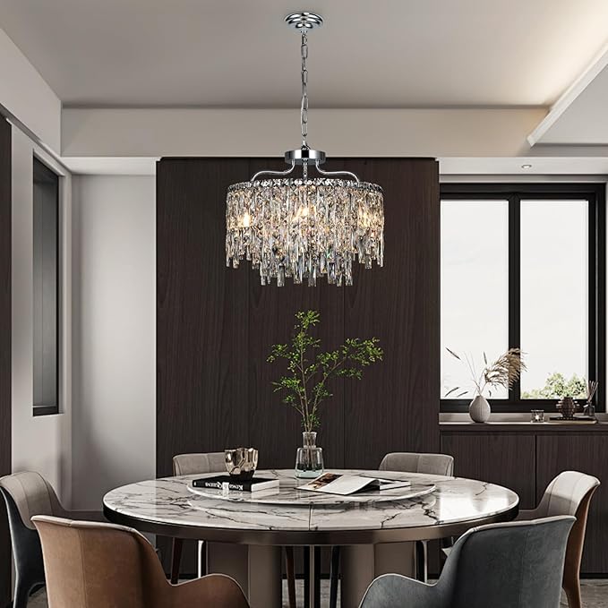 Chrome Crystal Chandelier, Modern Luxury Round Dining Room Chandeliers Over Table，6 Lights Chrome Ceiling Pendant Lighting for Dining Room Bedroom Entryway Foyer Staircase