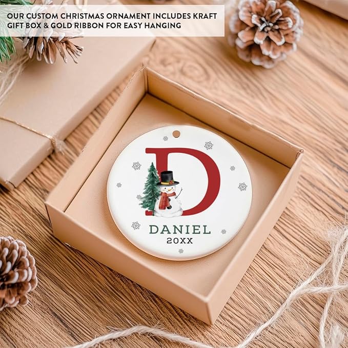 Andaz Press Personalized Ornament, Custom Name, Initial D Monogram Snowman 2.8" Ceramic Porcelain 2025 Christmas Ornament Keepsake for Kids, Boys, Girls, Includes Gold Ribbon & Gift Box, 1-Pack