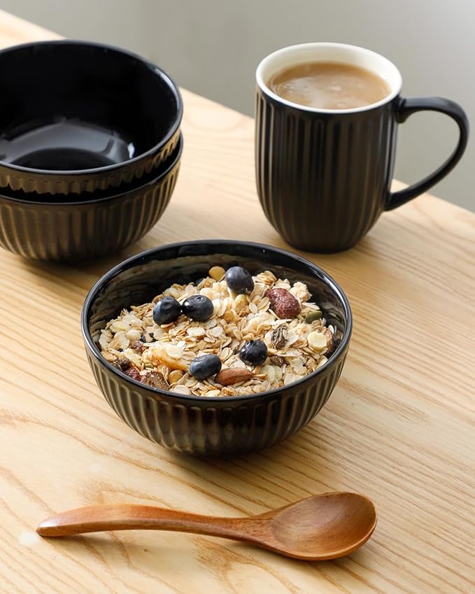 Hasense Soup Bowls Set Ceramic 24 Oz - 6 Inch Cereal Bowl Set of 6 for Kitchen,Modern Ribbed Black Porcelain Dishes for Entertaining,Soup,Oatmeal,Pasta,Cereal,Noodle - Dishwasher & Microwave Safe