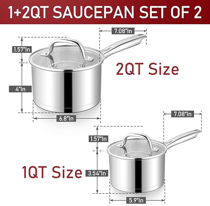 P&P CHEF 1 Quart & 2 Qruat Saucepan with Lid Set, Stainless Steel Small Cooking Pot Induction Sauce Pan for Pasta Soup, Ergonomic Handle & Tri-ply Base, Dishwasher Safe, 2 Pan