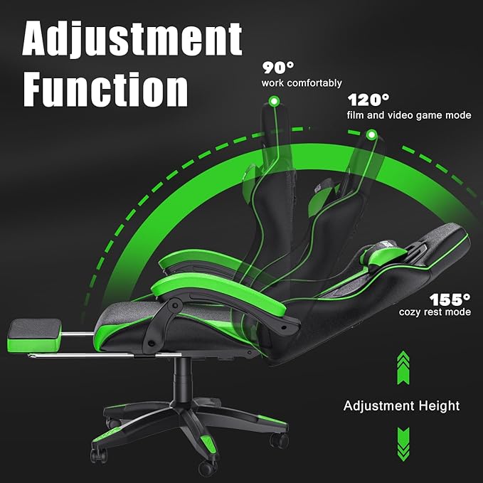 Gaming Chair with Footrest, High Back Ergonomic Computer Gamer Chair with Headrest and Lumbar Support, Racing Style Reclining Game Chair for Adults, Kids (Green-Black)