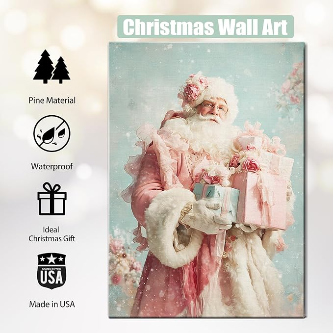 Pink Santa Christmas Canvas Wall Art - Elegant Winter Decor Framed Print for Girls Bedroom, Vintage Christmas Wall Art with Glitter Accents, Ready-to-Hang Christmas Gifts for Women