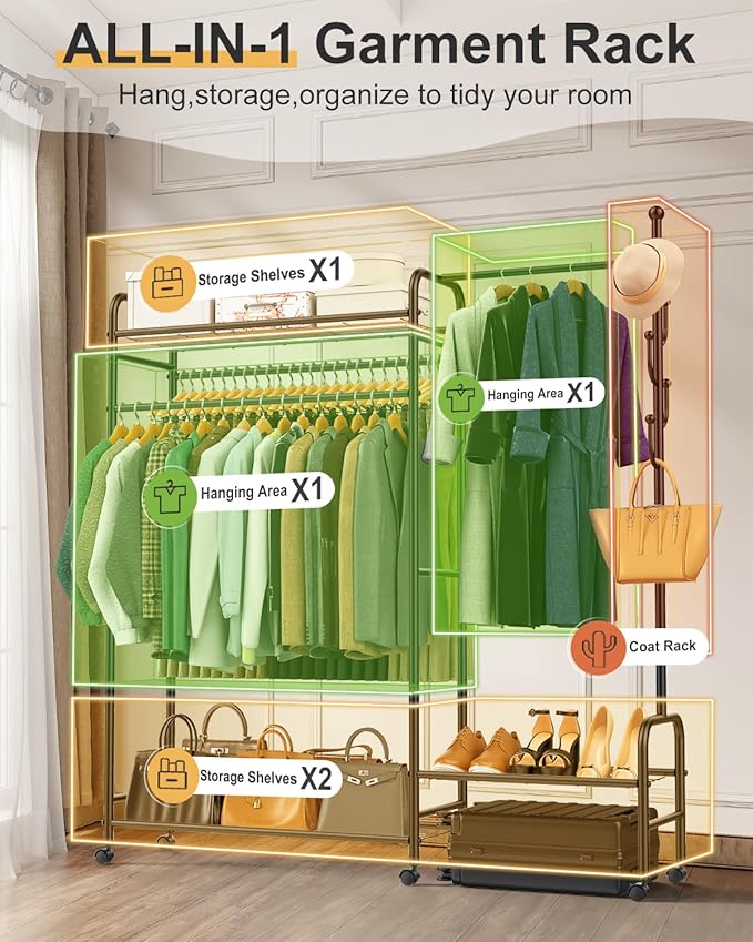 3-In-1 Clothes Racks For Hanging Clothes with Coat Rack, Heavy Duty Clothing Rack with Shelves Load 620Lbs, Portable Garment Racks with Lockable Wheels, Multi-Functional Closet Rack For Bedroom