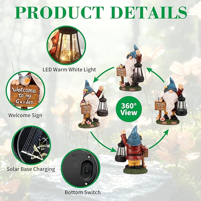 Garden Gnome Statues Figurine Lights - Solar Powered Lighting Outdoor Decorations with Lantern & Welcome Sign, Yard Art Lawn Ornaments for Porch Patio Balcony - Gnome Gifts for Women Mom