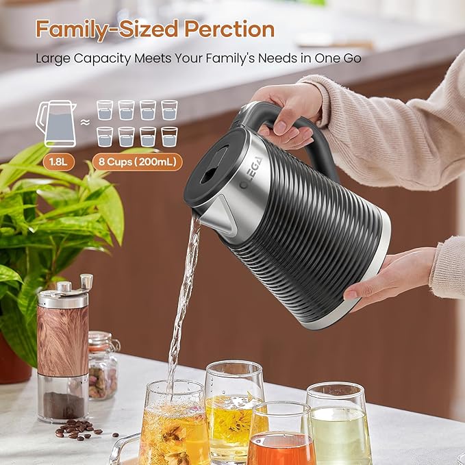 OLEGA Electric Kettle - 1500W Electric Tea Kettle 1.8L Stainless Steel Inner Electric Kettles for Boiling Water Auto Shut Off Boil-Dry Protection Electric Water Kettle for Coffee Tea (Black + Silver)
