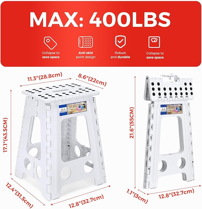 ACKO Folding Step Stool Foldable 17.5 Inch 400 lbs Capacity, Plastic Stools for Adults and Kids, Collapsible Stools for Kitchen, Stepping Stool with Handle (White)