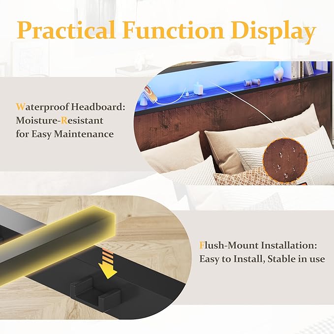 Lifezone King Bed Frame with 2-Tier Storage Headboard, Metal Platform Bed Frame with 4 Storage Drawers, Built in Charging Station & LED, Noise-Free/Metal Support/No Box Spring Needed, Coffee Brown