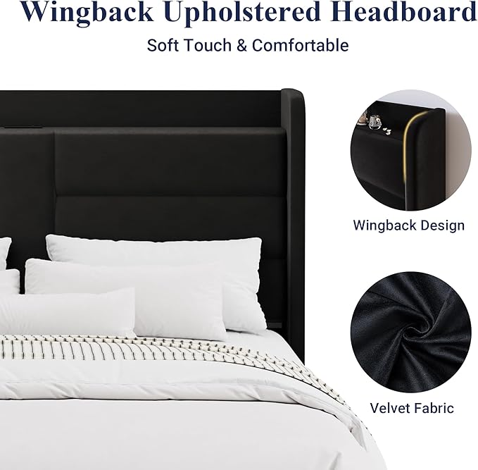 Allewie King Size Platform Bed Frame with Charging Station & Storage Headboard, Upholstered Velvet Wingback Design & USB Port, Strong Wooden Slats Support, No Box Spring Needed, Easy Assembly, Black