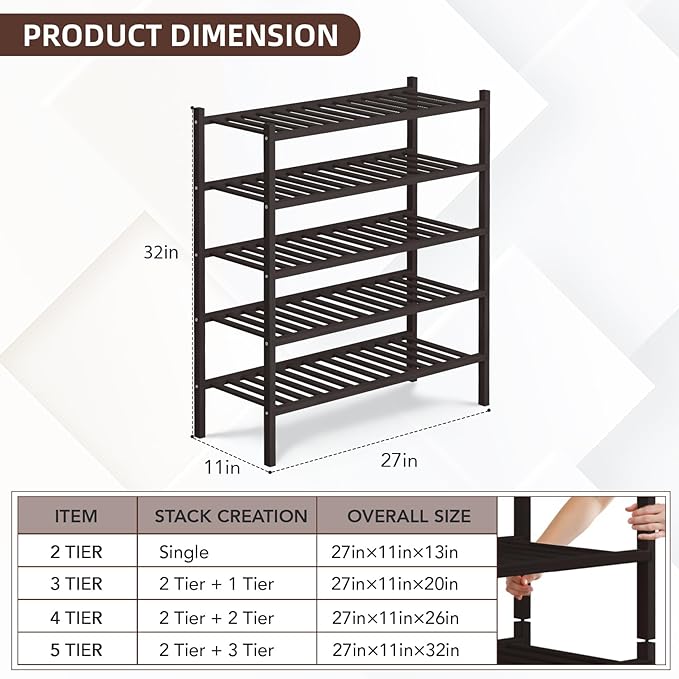 5 Tier Bamboo Shoe Rack Storage Organizer for Closet, Multifunctional Stackable Free Standing Shoe Shelf Organizer for Small Space,Entryway, Hallway, Bathroom27 x11 x32 (Brown, 5 Tier)