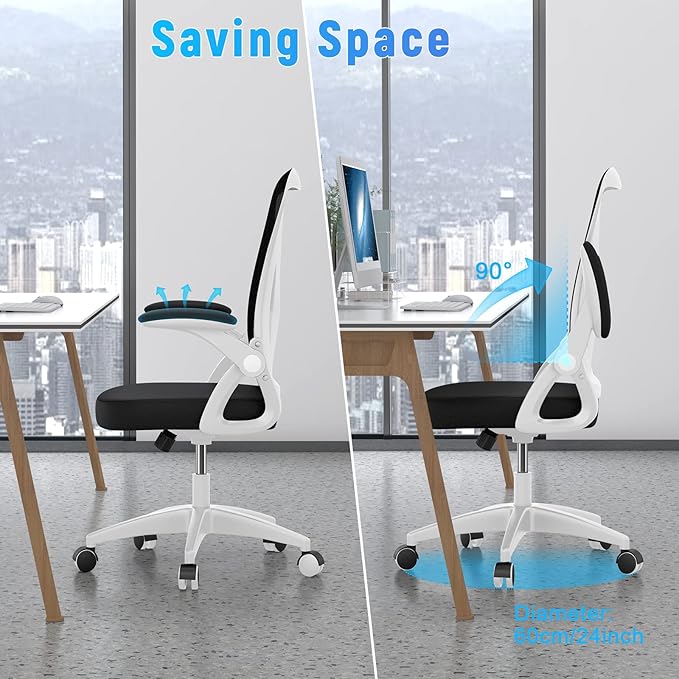 naspaluro Ergonomic Office Chair, Mid-Back Computer Chair with Adjustable Height, Flip-Up Arms and Lumbar Support, Breathable Bright White Mesh Desk Chair for Home Study Working