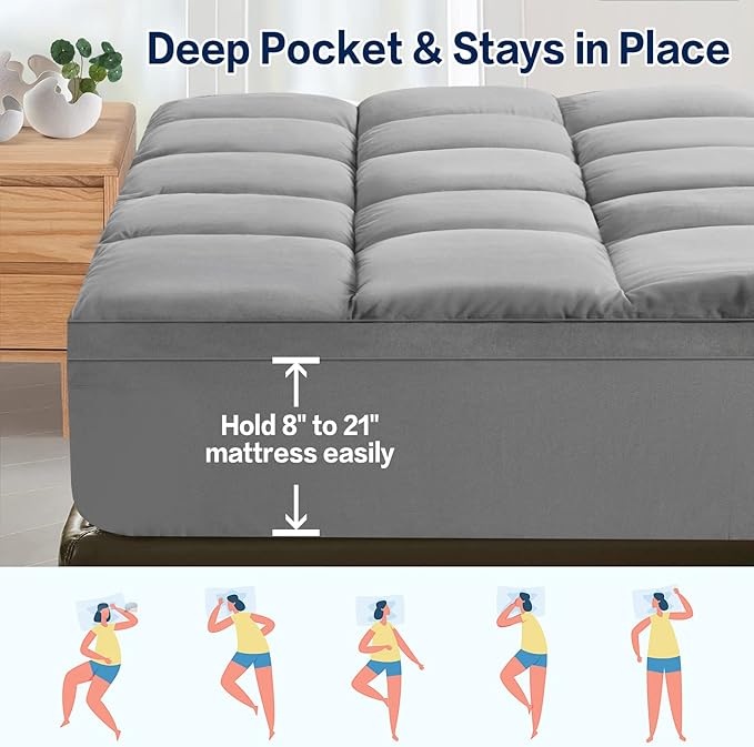 SOPAT Mattress Topper King Size Extra Thick Mattress Pad 8-21" Deep Pocket Soft Down Alternative Fill Mattress Protector Pillow Top Mattress Cover (78x80 Inches, Grey)