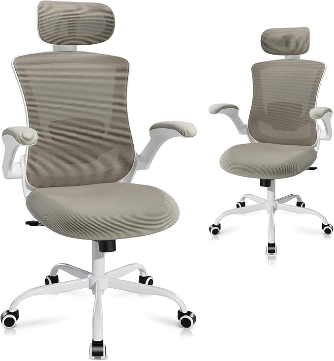 High Back Office Chair with Adjustable Lumbar Support & Headrest, Ergonomic Mesh Desk Chair with Flip-Up Armrests, Breathable & Comfortable Computer Chair for Home, Office & Study, Khaki