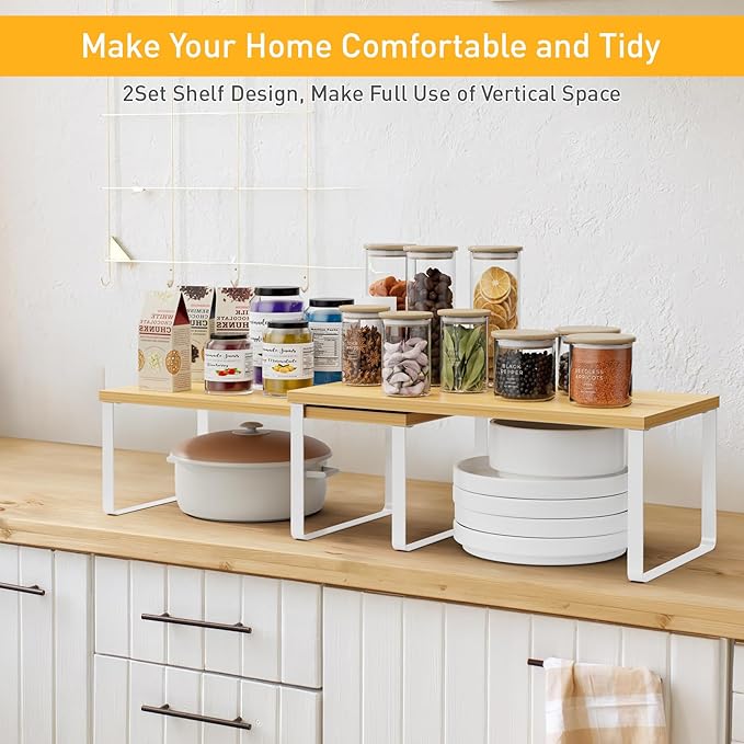 Cabinet Shelf Organizers, 15.7 inches Large Kitchen Counter Shelf, Set of 2 Wood Kitchen Pantry Organizer, Storage Shelves for Countertop, Spice Rack, Stackable, Expandable, Metal White, Nature