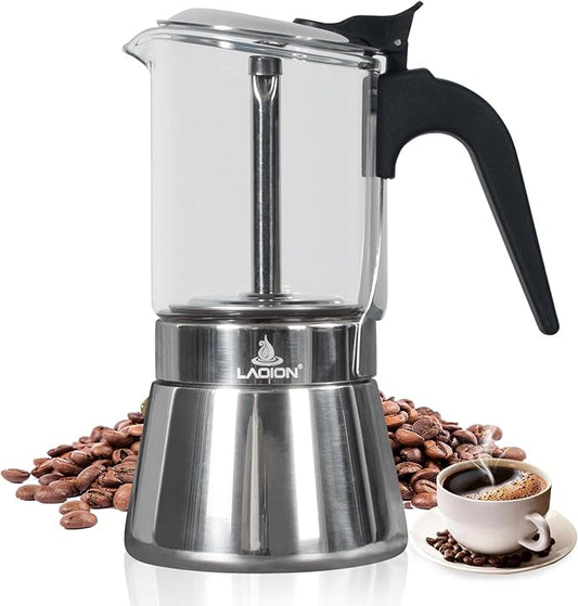 Stovetop Espresso Maker, 9Cup 360ml Moka Pot, Crystal Glass-top & Stainless Steel Coffee Maker Mocha Pot, Greca De Cafe, Cuban and Italian Coffee Maker for Cafetera Cubana