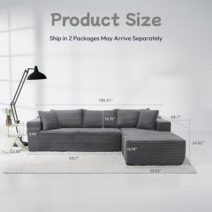 105" Cloud Sectional Couch with L-Shape Chaise,Modern Modular Sofa with Deep Seat, Fluffy Boneless Couches for Living Room Bedroom,No Assembly Required, Dark Gray (Plush Flannel Fabric)