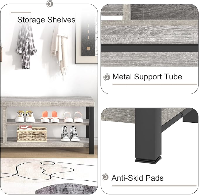 FOLUBAN Shoe Storage Bench, Rustic Wood Entryway Bench for Hallway Entrance, Vintage Indoor Bench with Shoe Storage and Seating for Bedroom Living Room, Light Grey, 47 Inch