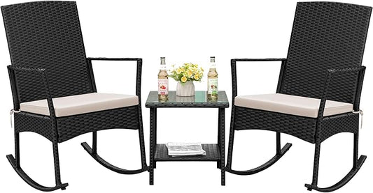 Flamaker Rocking Chair Outdoor PE Rattan Patio Chairs with Glass Table High Back Porch Rocker for Balcony, Garden, Backyard (Beige)