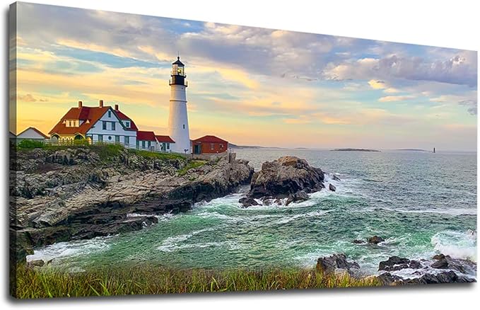 Sunset Lighthouse Canvas Wall Art for Living Room Wall Decor Sunset Seascape Canvas Pictures Ocean Canvas Prints Nature Canvas Artwork Office Home Wall Decorations Framed Ready to Hang 24" x 48"