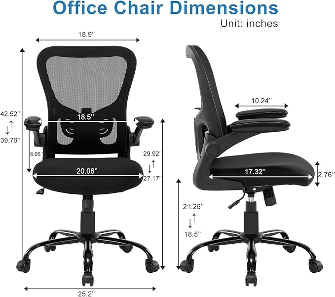 Office Chair Ergonomic Desk Chair Mesh Computer Home Office Desk Chair with Adjustable Lumbar Support Flip-up Armrests, 360 Swivel Comfy Task Executive Chair, Black