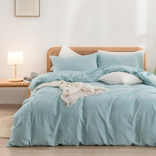 BESTOUCH Duvet Cover Set 100% Washed Cotton Linen Feel Super Soft Comfortable Chic Lightweight 3 PCs Home Bedding Set Solid Hushed Green Cal King