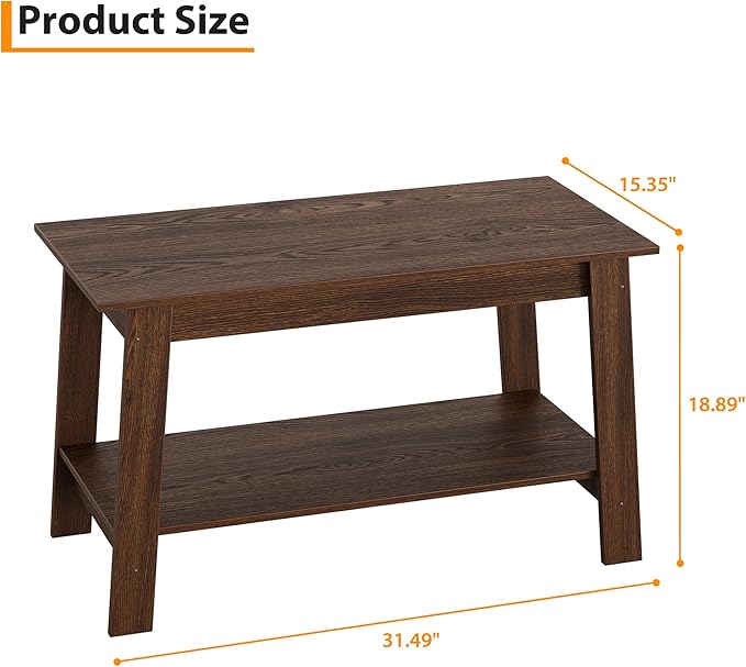 Coffee Table for Living Room, 2 Tier Coffee Table with Storage, Small Rectangular Center Tables with Shelf, Space Saving, Easy Assembly, Light Walnut