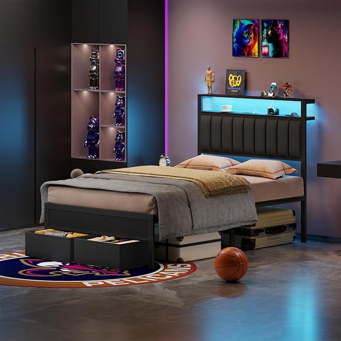 Furnulem Full Size Bed Frame with Charging Station and LED Lights, Grey Upholstered Headboard with Shelves, Metal Platform Bed with 2 Under-Bed Storage (Fabric Drawer on Wheels), No Box Spring Needed