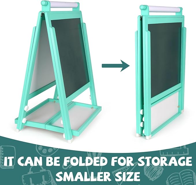 Wooden Art Easel for Toddlers Foldable Kids Easel with Paper Roll Children Double-Sided Whiteboard & Chalkboard Standing Educational Painting and Drawing Easel