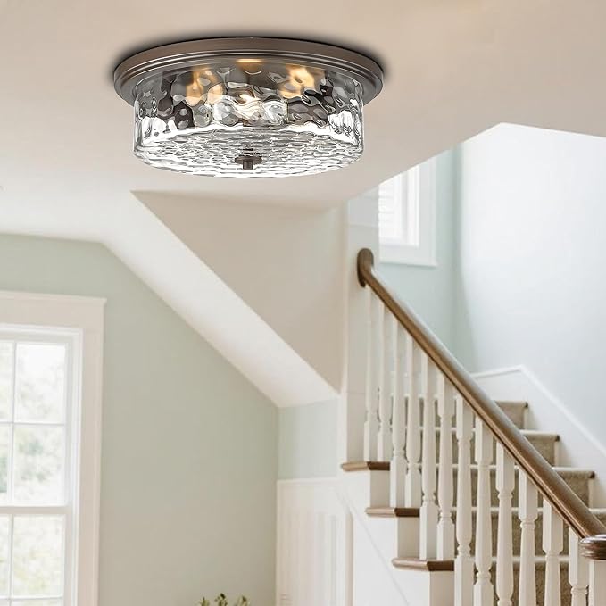 Large Industrial Flush Mount Ceiling Light, 16" 3-Light Modern Ceiling Light Fixture, Farmhouse Close to Ceiling Lighting,Hammered Glass Ceiling Light for Bedroom, Living Room, Kitchen Island