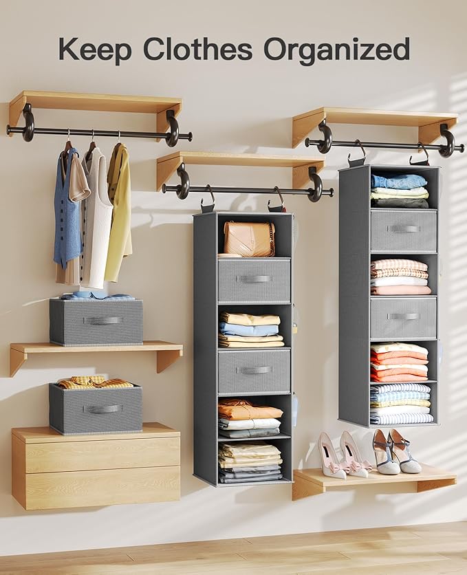 Pipishell Hanging Closet Organizer 6-Shelf, Hanging Shelves for Closet with 3 Removable Drawers & Side Pockets for Bedroom or Garment Rack, 12' x 12' x 43.3', Dark Gray