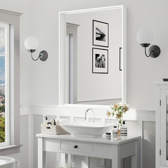 24x36 Inch White Bathroom Mirrors for Over Sink, Rectangle Wall Vanity Mirror, Aluminum Framed Bathroom Mirror, Anti-Rust, Tempered Glass (Horizontal/Vertical)