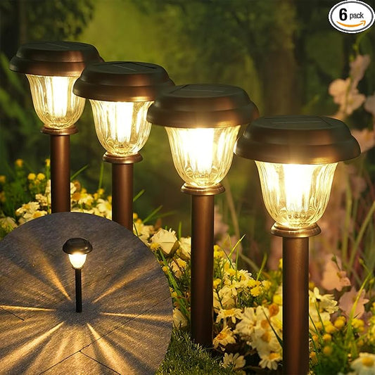 DERAYSION Solar Lights Outdoor 6 Pack, Stainless Steel Glass Solar Pathway Lights, Auto On/Off Long-Lasting Waterproof Landscape Lighting for Garden, Landscape, Path, Yard, Warkway (Warm White)