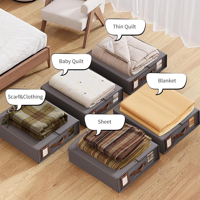 KONGDY 4 Pack Bed Sheet Organizer, Foldable Sheet Storage Box with Window and Label, Bed Sheets Set Organizers for Bedding Sheets, Duvet Covers, Pillow, Blankets Organizer-Grey