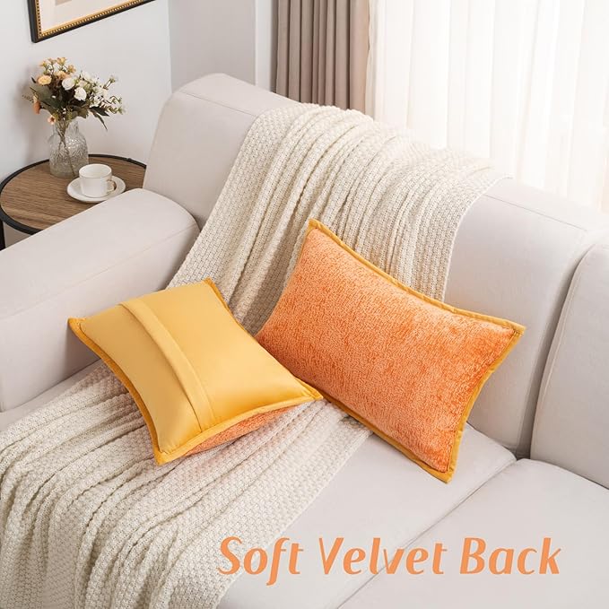 FUTEI Orange Chenille Throw Pillow Covers 12x20 Inch Set of 2,Soft Cozy Bound Edge Design Lumbar Pillow Cases,Home Decor for Couch Bed Living Room