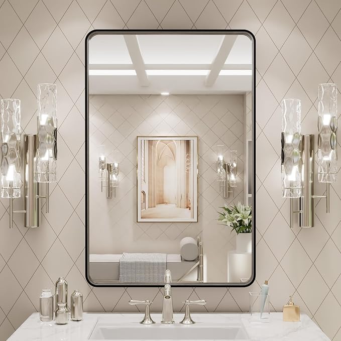 LOAAO 24X30 Inch Black Metal Framed Bathroom Mirror for Wall, Matte Black Bathroom Vanity Mirror Farmhouse, Large Rounded Rectangle Mirror, Anti-Rust, Hangs Horizontally or Vertically