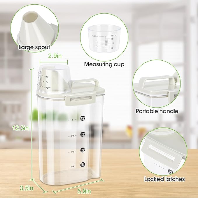 TBMax Rice Container, High Transparency PET Airtight Food Storage Container 2.64 Qt/4 Lbs, Kitchen Pantry Cereal Storage Container with Measuring Cup, Small Pet Cat Dog Food Container Dispenser -Beige