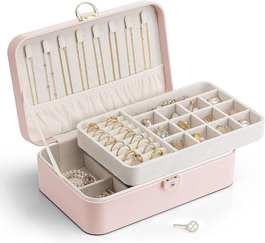 Vlando Jewelry Box Organizer for Women Girls, 2 Layer Jewelry Case with Lock,Jewelry Storage Earrings Necklace,Rings,Gift Box Packaging,Wedding Birthday Gifts-Pink