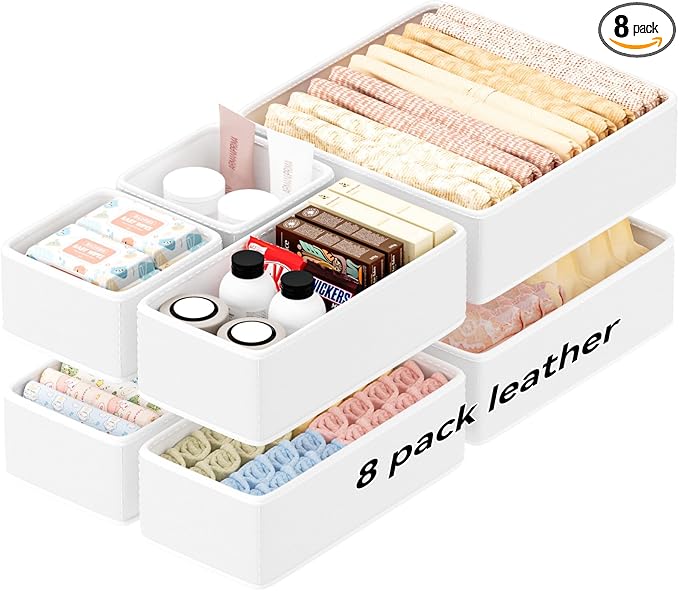 Vegan Leather Drawer Organizers,8 Pack Makeup Storage boxes,Vanity Drawer Luxury upgrade,Bedroom fabric Drawers replacement,bathroom organization and storage Optimal solution