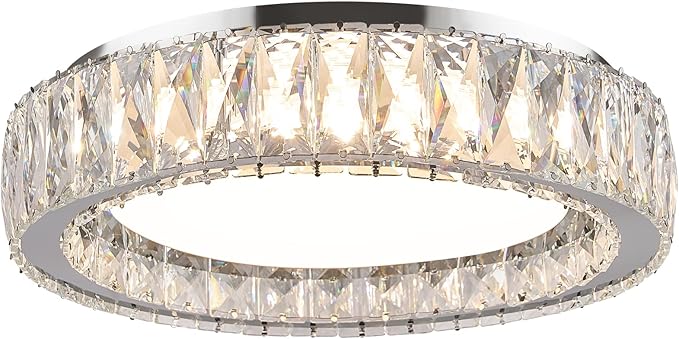 15 Inch Modern Chrome Crystal Flush Mount Chandelier,Dimmable LED 5CCT 3000K-6000K 36W,Large Round Luxury Close to Ceiling Light Fixtures for Living Room,Bedroom,Kitchen,Dining Room