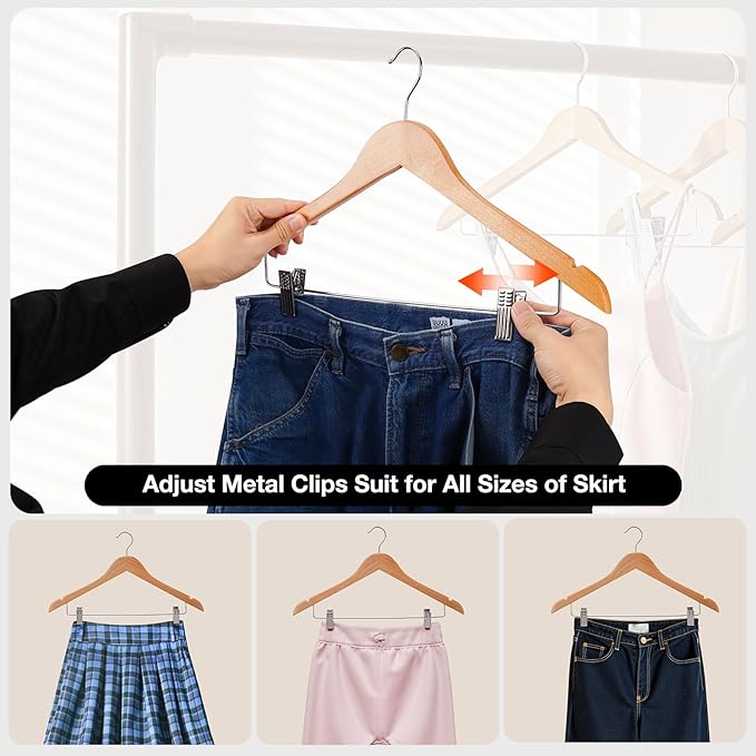 Wooden Hangers with Clips 12 PCS Pants Hangers with Clips,Smooth Solid Wooden Pants Hanger,360 Swivel Hooks & Adjustable Clips,for Jeans,Skirt,Suit,Shorts,Scarf